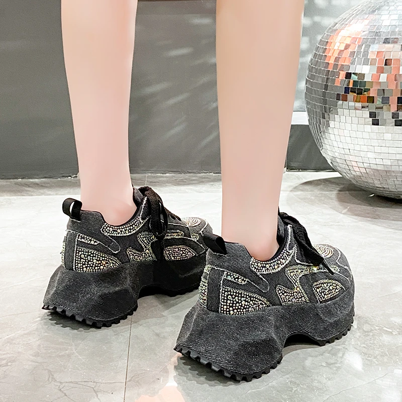 7CM Women Silver Crystal Casual Canvas Chunky Sneakers Woman Stylish Sport Shoes Lace-Up Platform Luxury Shoes zapatos mujer view 5