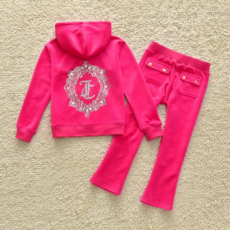 Set for Children 2 Pieces 2024 Spring Autumn Hoodies Top and Pants Suit Girl Velvet Clothing