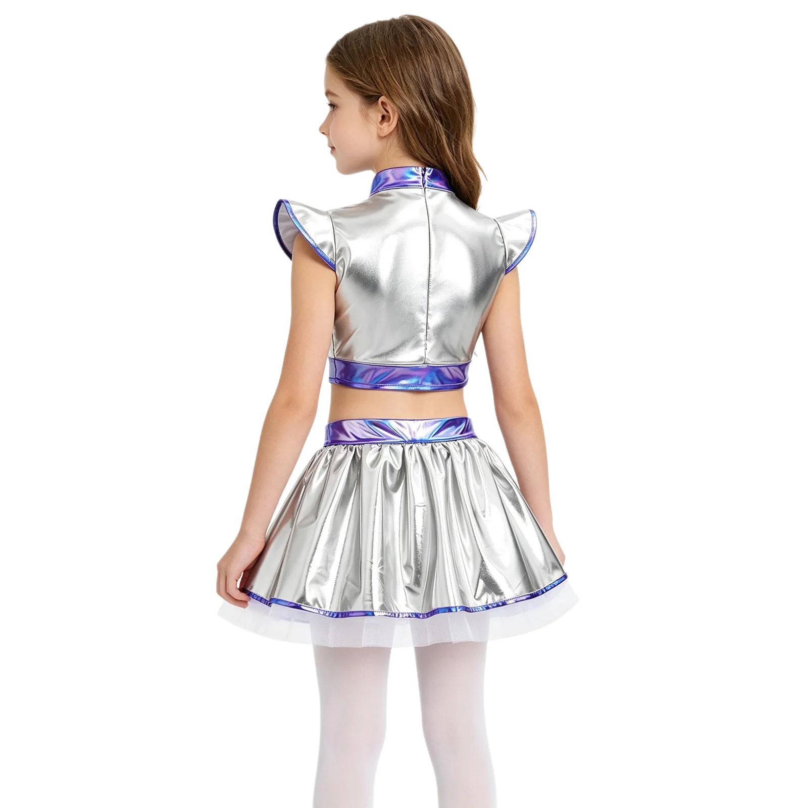 Mädchen-Cheerleader-Kostüm, Alien-Cosplay, Jazz-Hip-Hop-Cheerleading-Outfits, metallischer Reißverschluss hinten, bauchfreies Oberteil, mehrlagiger Rüschenrock – Detail 8