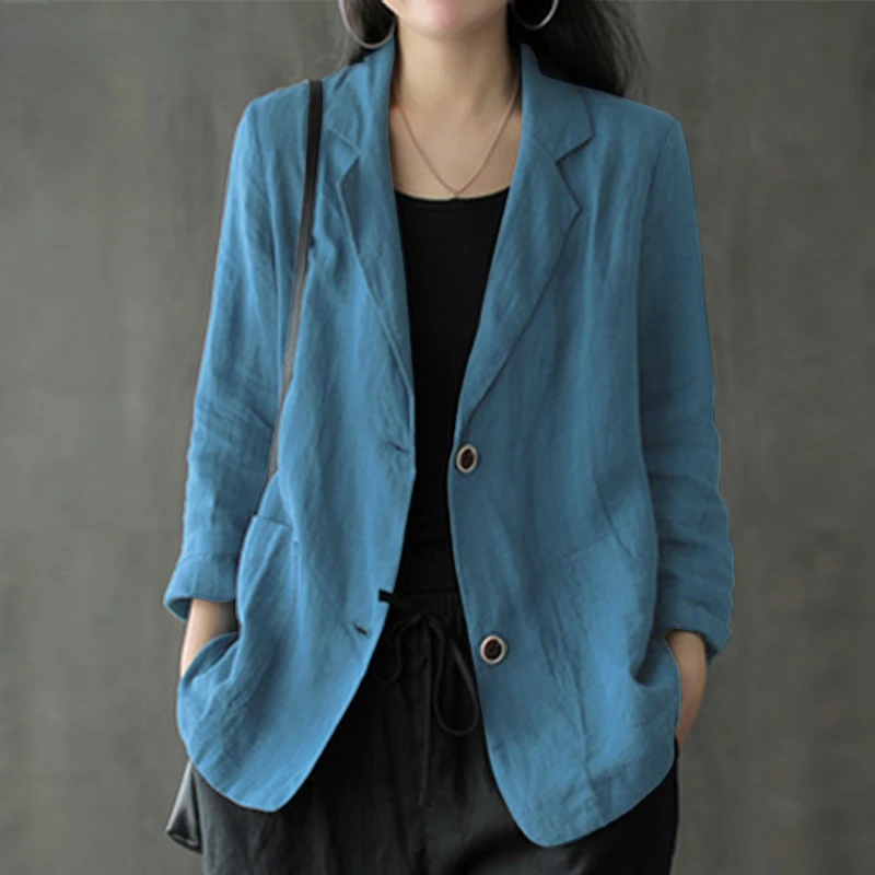 

2022 New Autumn Suit Blazers Casual Solid Lapel Thin Blazer Women Long Sleeve Cotton Linen Coats Female Jackets Outwear Traje