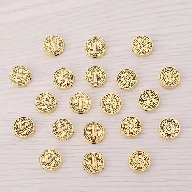 

30 x Antique Gold Color Saint Benedict Medal Cross Crucifix Metal Round Spacer Beads Charms For DIY Jewelry Making Accessories