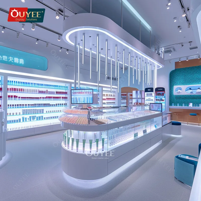 Customized-Shop Design Glass Cosmetic Counter Design Shops Rack Perfume Showcase Display Wig Wall Displays Beauty Products Displ