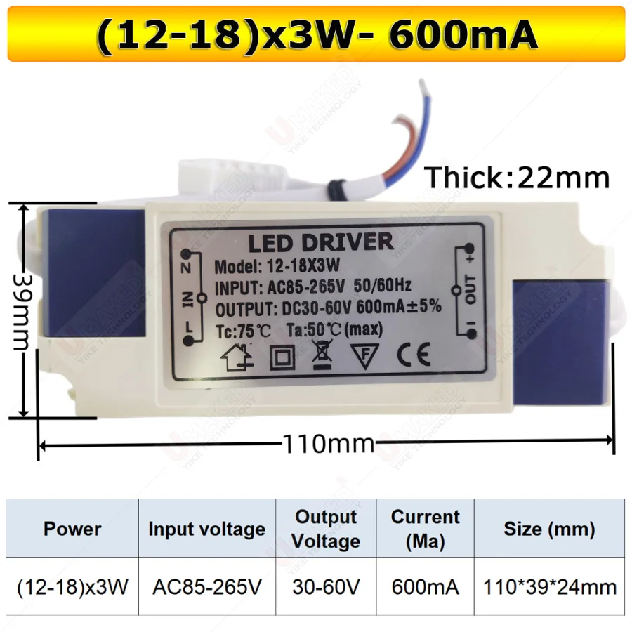 High PF Constant Current LED Driver 600mA 3W 10W 20W 30W 40W 50W 60W1-2x3w 6-10x3w 10-18x3w 18-30x3W Lamp Lighting Transformers