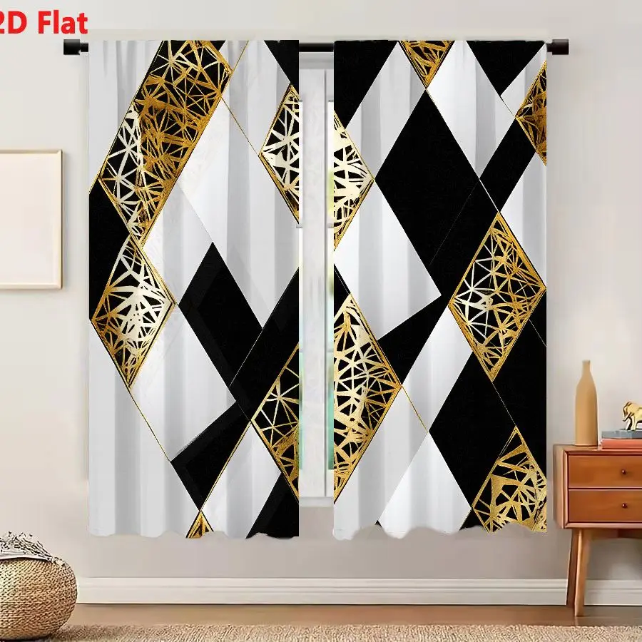 2Pcs Curtains 2D Flat Geometric Luxury Pattern With Black White And Gold Filigree Diamonds For Modern Wallpaper Tile Fabric Wind