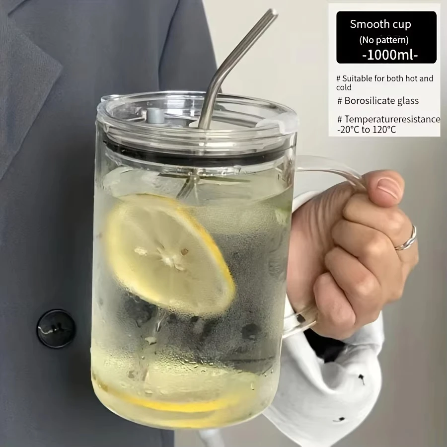 

1pc 1L Large Glass with Lid and Straw Heavy Duty Glass Water Cup Iced Coffee Cups Drinking Mugs Summer Winter Drinkware Gifts