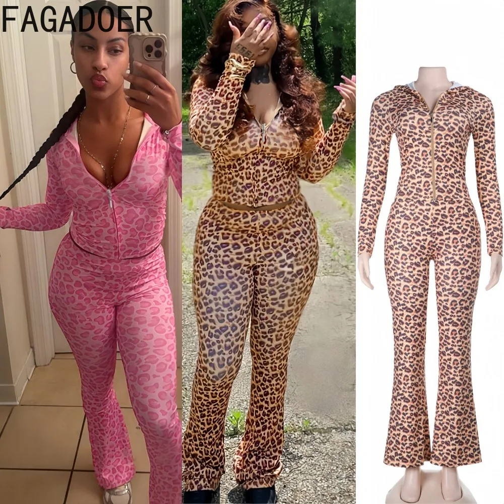 

FAGADOER Sexy Leopard Print Bodycon Woman 2 Piece Set Outfit Zip Long Sleeve Hooded Jacket Crop + Flare Pants Female Streetwear