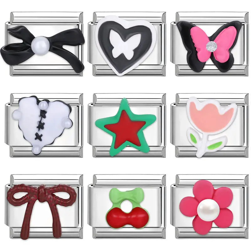 الحلو الحب فراشة القوس العنب روز اللؤلؤ الإيطالية سحر الروابط صالح 9MM الفولاذ المقاوم للصدأ سوار زوجين DIY صنع هدية #4