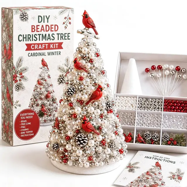 DIY Beaded Christmas Tree Craft Kit, Nutcracker Magic Mini Desktop Christmas Tree Making Kit, Complete Beads and Nutcracker Ornaments Christmas Desktop Home Decoration Supplies 7
