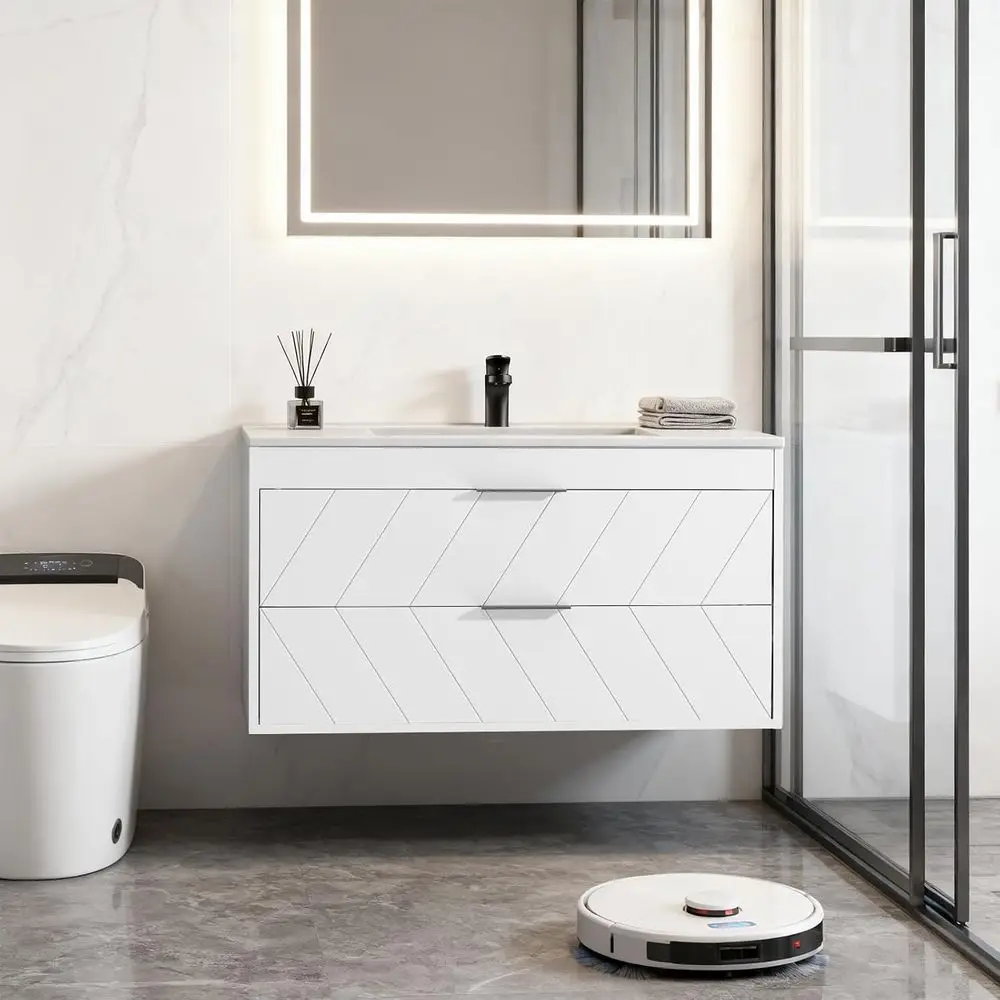 36 Inch Bathroom Vanity with Sink, ern loating Bathroom Vanity with Resin Sink, 2 Large Storage wers, Wood Grain Texture Wall Mo