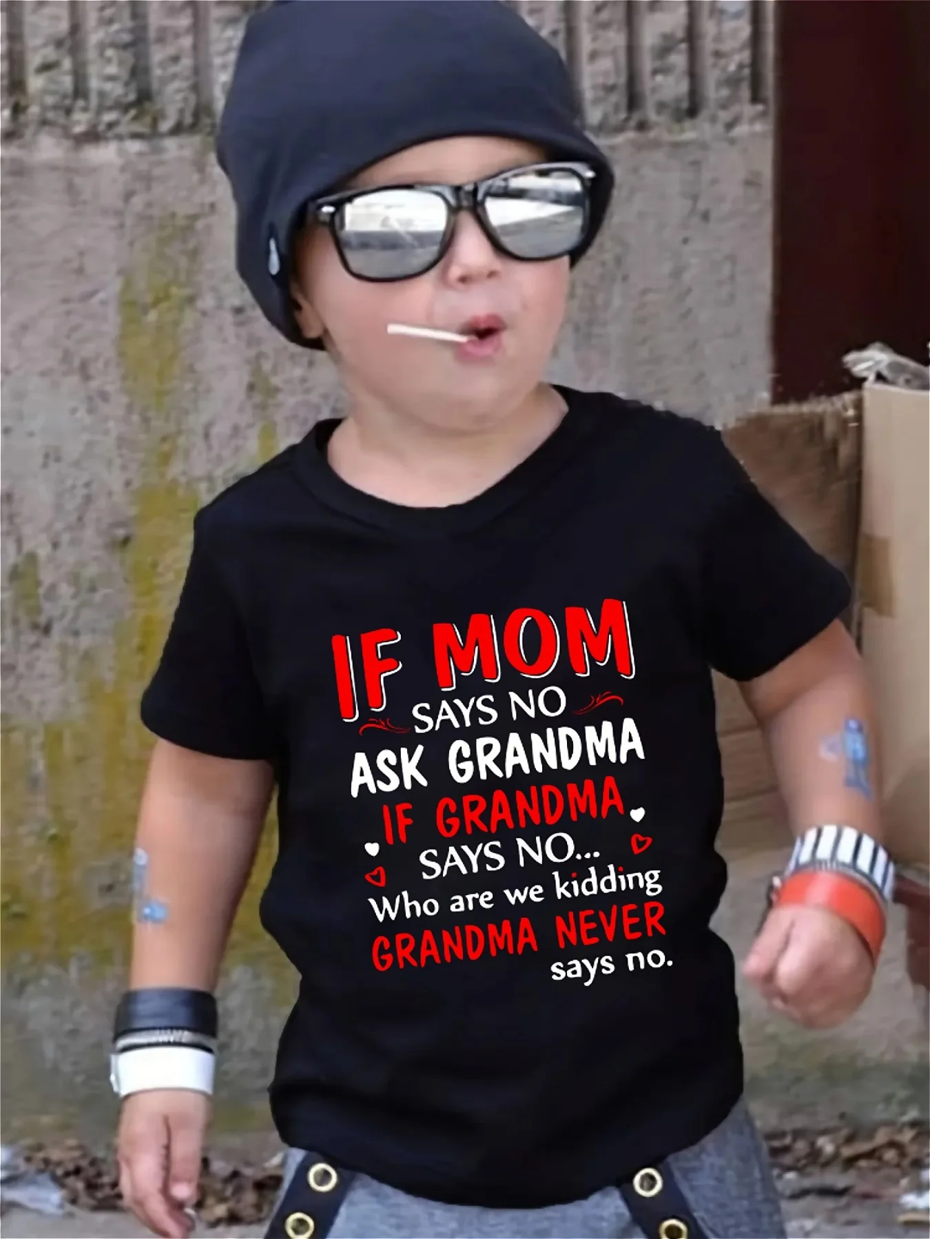Boys' 'If Mom Says No, Ask Grandma' Fun Letter Print T-Shirt Casual Round Neck Tee for Youngsters