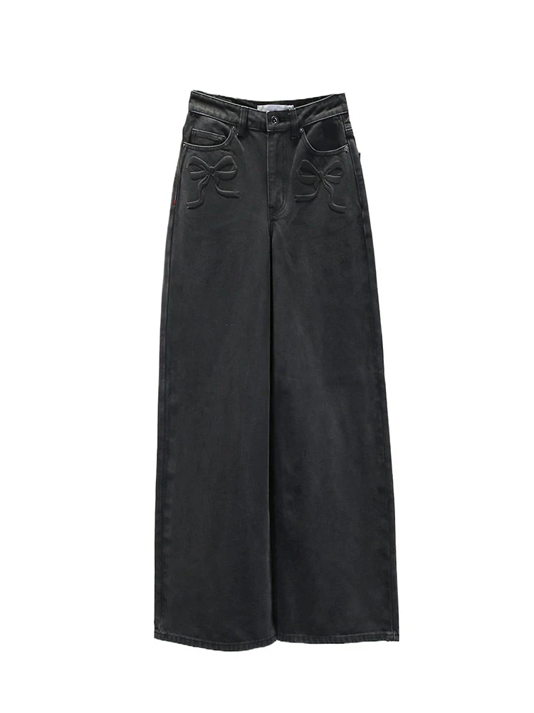 Pantaloni in denim da donna Ele European Sle con nodo a vita alta gamba larga abbigliamento casual resistente per tutte le stagioni Bla
