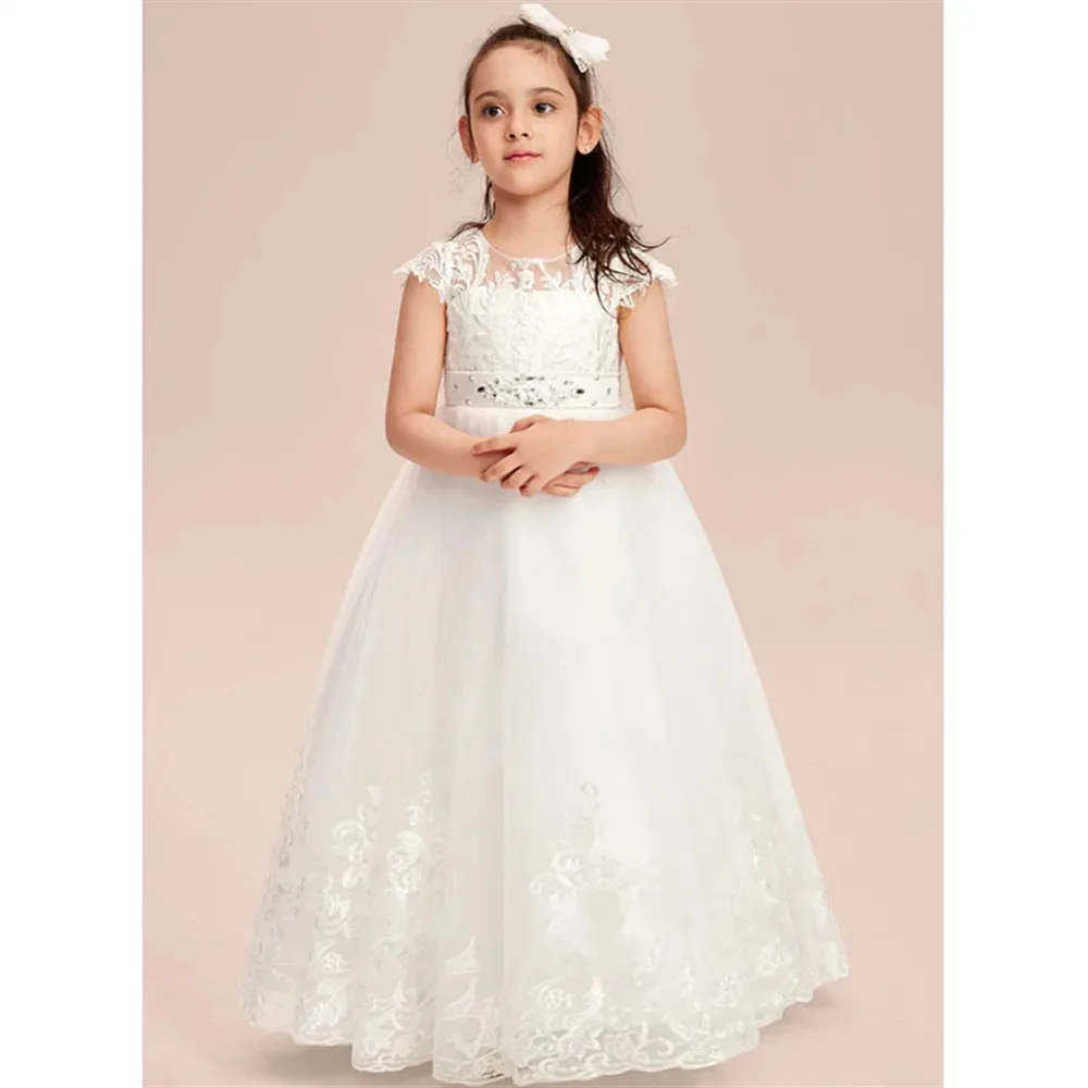 

Customized Flower Girl Wedding Dress Appliques Lace Sleeveless with Bow Kids Birthday Party Communion Dress vestidos de novia