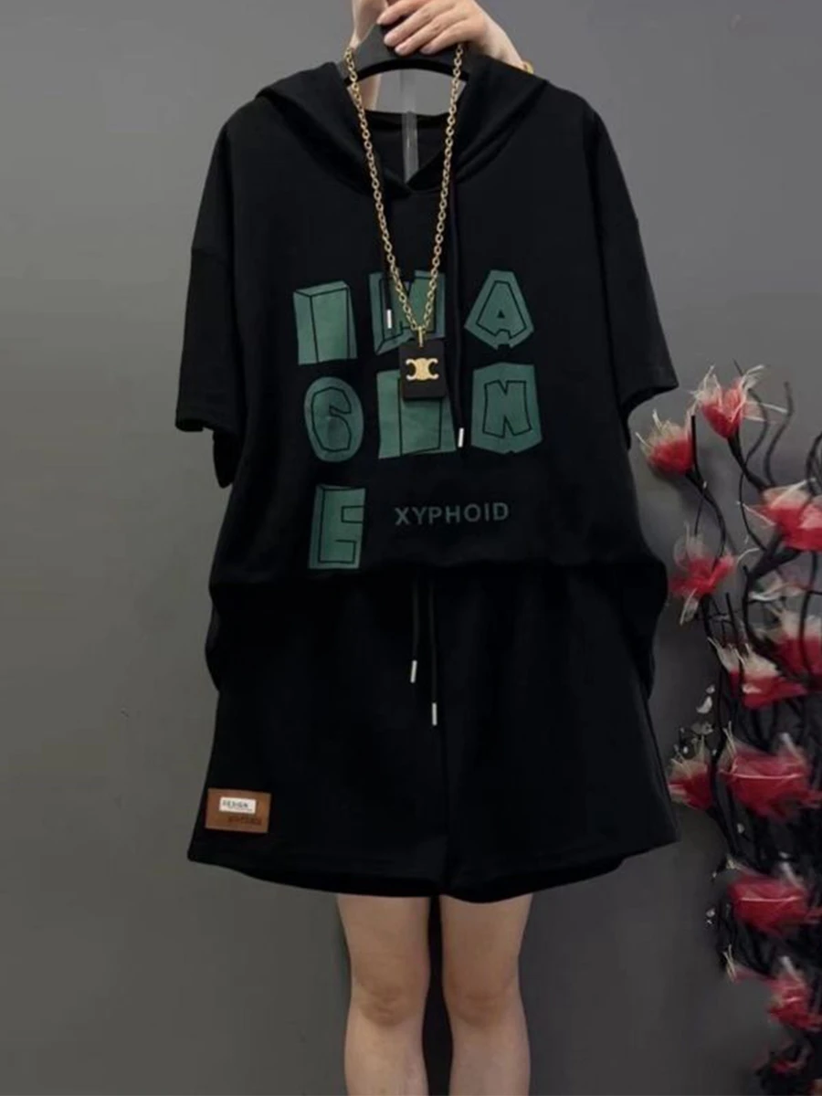 

Модный комплект для женщин больших размеров: худи с коротким рукавом и шорты, спортивный повседневный костюм из двух предметов, летний, удобный, из смесового хлопка