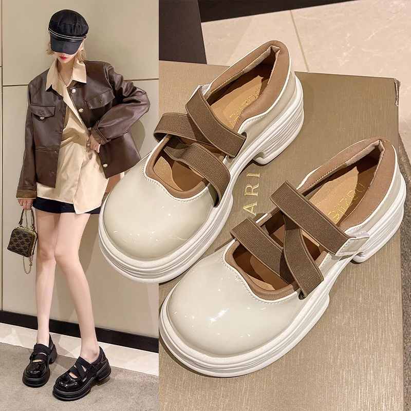 2023 New Platform Mary Jane Shoes Women\'s Retro Small Leather Shoe Thick Heel Shallow Mouth High Heels Socofy Chaussures Femmes