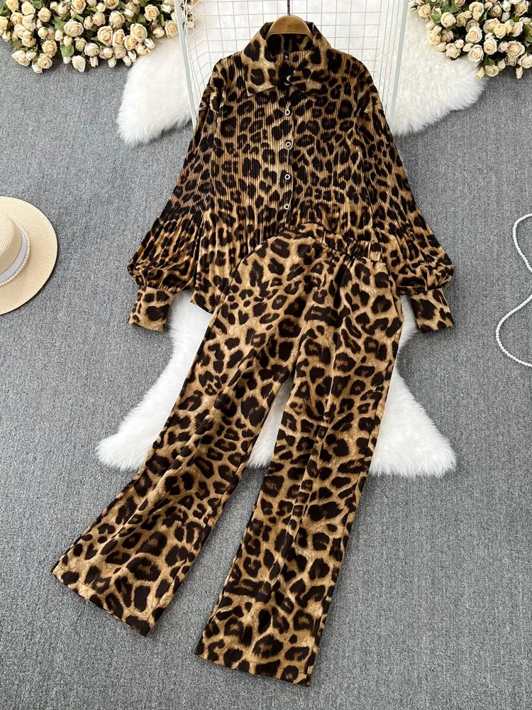 Autumn Elegant Women 2 Pieces Set Leopard Print Long Sleeve Shirts Casual Loose Pantalon Outfits New Fashion Vintage Sweatsuit