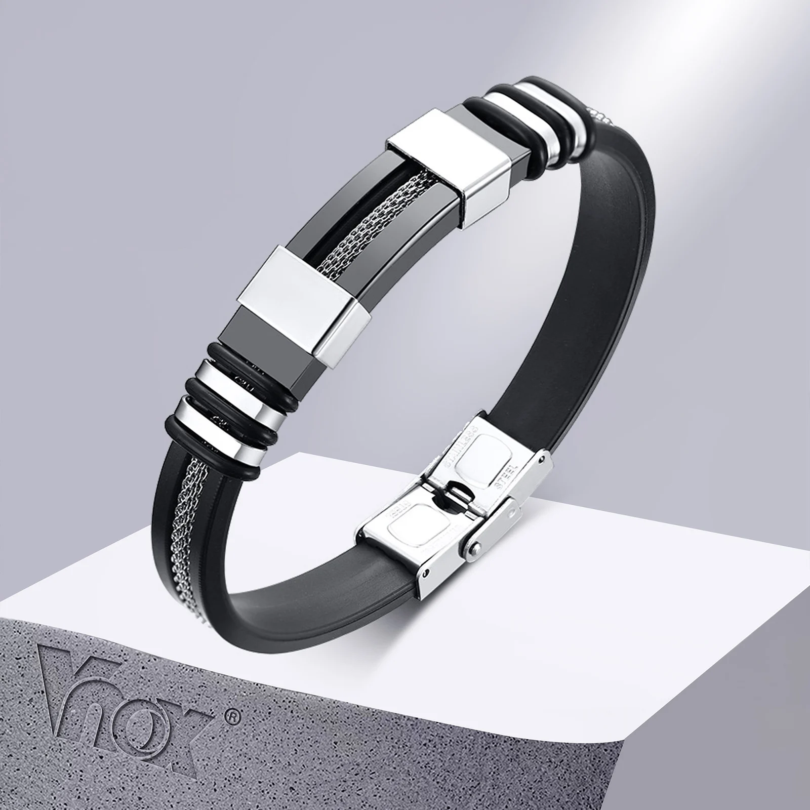 Vnox- Pulseira de Aço Inoxidável, Pulseira Masculina, Inserção de Link de Malha de Silicone do Leme Preto, Pulseira Punk, Pulseira Casual Elegante