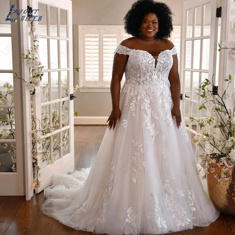 LAYOUT NICEB Appliques Plus Size A-Line Bride Gown Off Shoulder Short Sleeves Wedding Dresses Backless Tulle vestidos para mujer