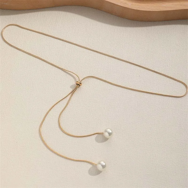 Fashion Silver Color Long Tassel Pull Pearl Pendant Necklaces for Women Simple Adjustable Clavicle Chain Choker Jewelry Gift image 5
