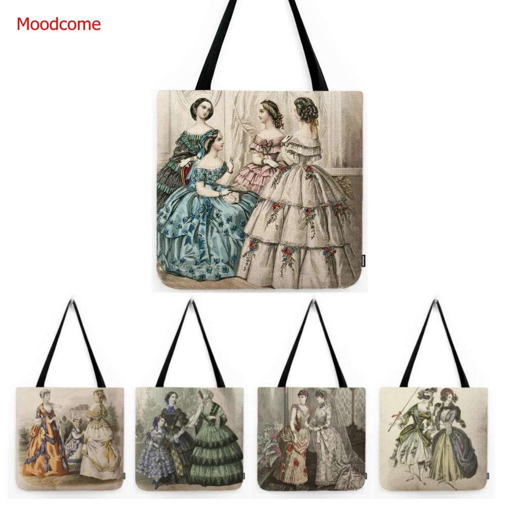 Victorian Era European Royal Court Elegant Fashion Antique Lady Woman Water Resistant Cotton Linen Tote Bag Shoulder Shopper Bag