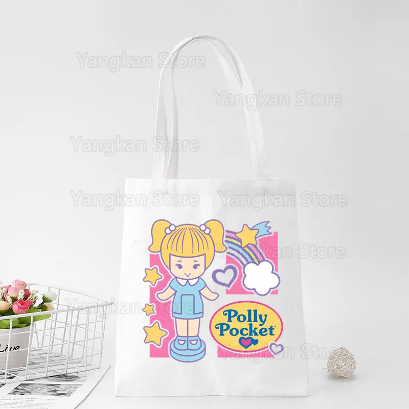 

Kawaii Polly Pocket Unisex Handbags Custom Canvas Tote Bag Print Daily Use Reusable Travel Casual Shopping Bag
