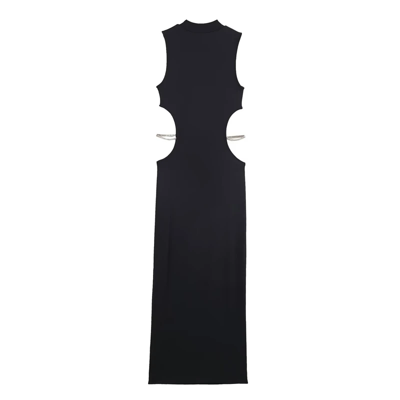 Women's Black Bodycon Maxi Dress - Cutout Design, Mock Neck, Sleeveless, Rhinestone Detail, Stylish Evening Gown