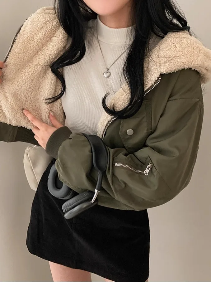 

Женская хлопковая куртка с отделкой из овечьей шерсти, с капюшоном, теплая, осенне-зимняя, двусторонняя, для повседневной носки, на молнии