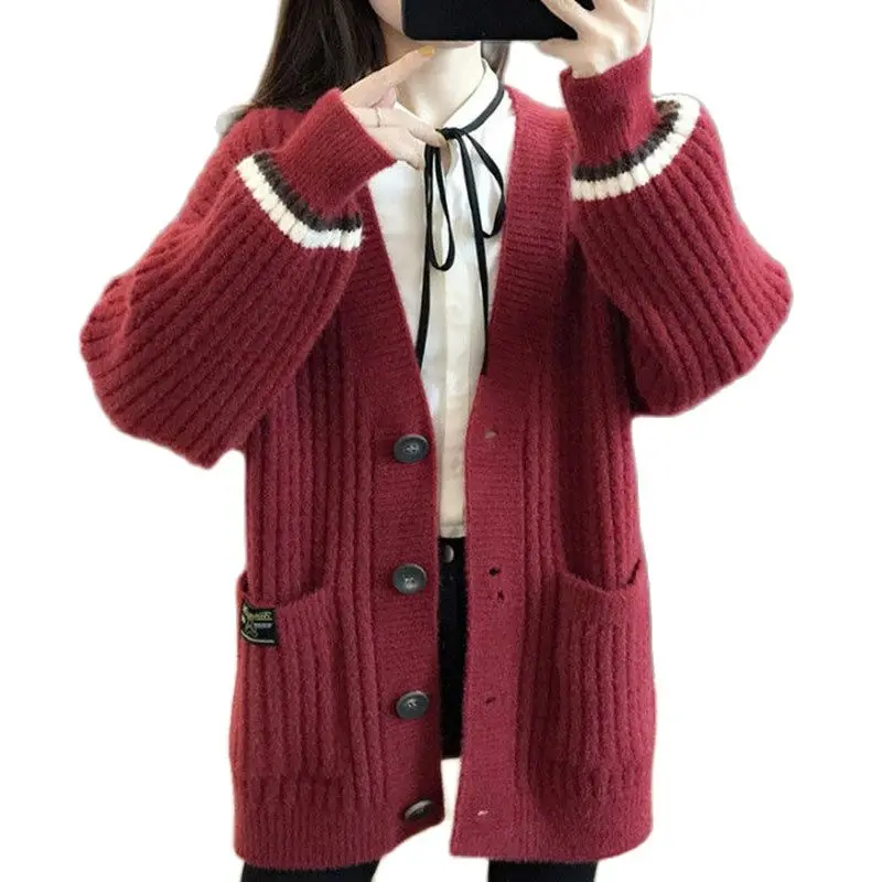 

Leisure Medium Long Knitting Women Sweater Outcoat Autumn Winter Fashion V Neck Add Thick Pocket Female Cardigan Sweater Coat