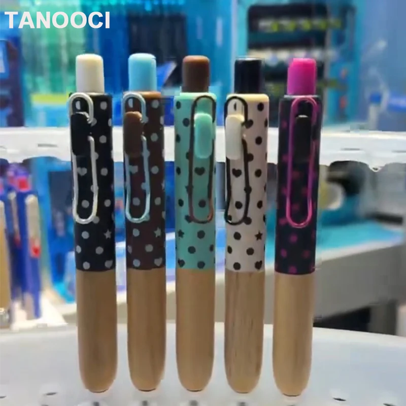 TANOOCI Star Heart Dots Gel Ink Pen 0.5 Metal Rod Wood Grip Low Gravity Steady Writing Retractable Pens Classic Stationery Gift