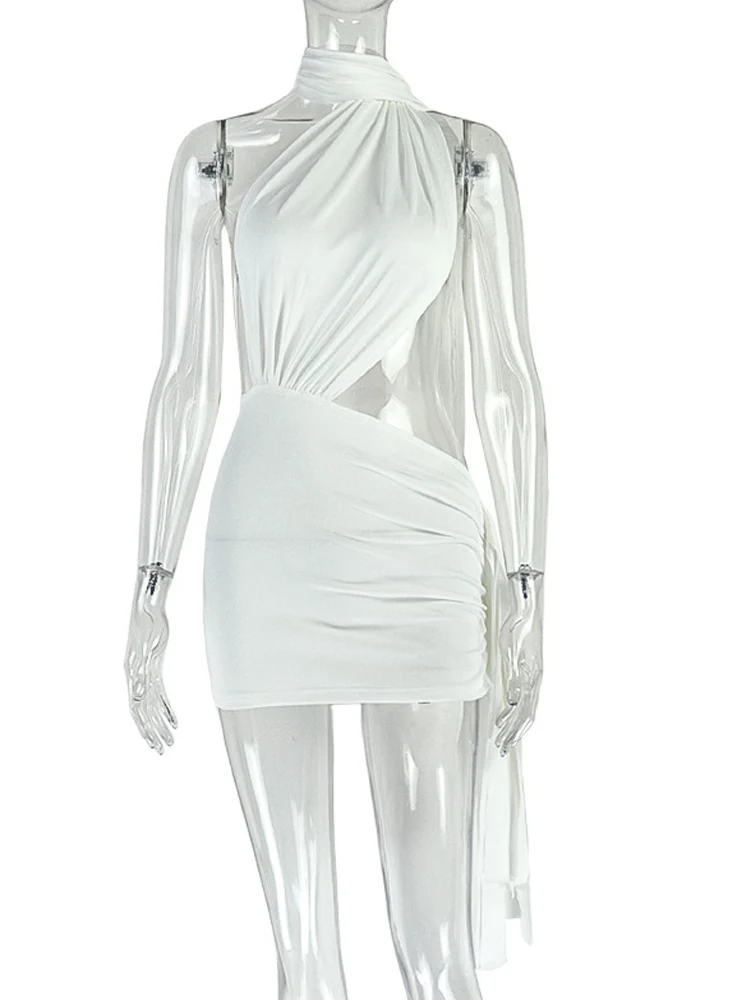 Beyprern Mini abito sexy con scollo all'americana e ritaglio increspato Abito da donna con fasciatura bianca senza maniche aderente avvolgente per la notte fuori