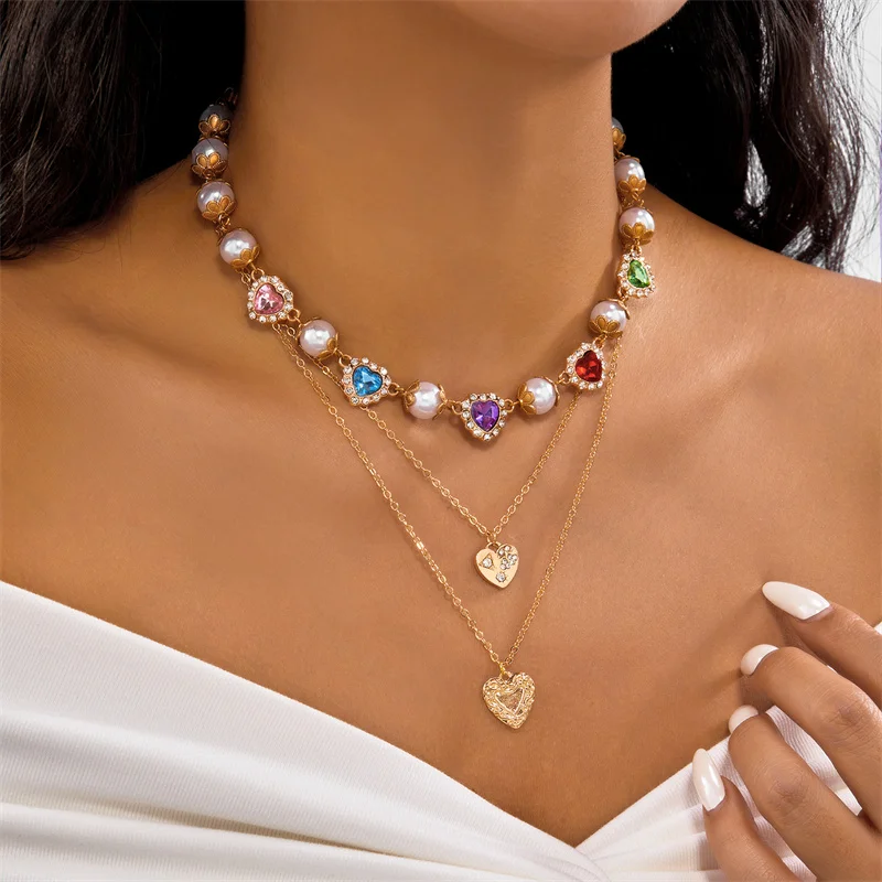 Elegant Imitation Pearl Beads Chain Necklace for Women Collar Wed Bridal Luxury Rhinestone Heart Choker Party Jewelry Gifts