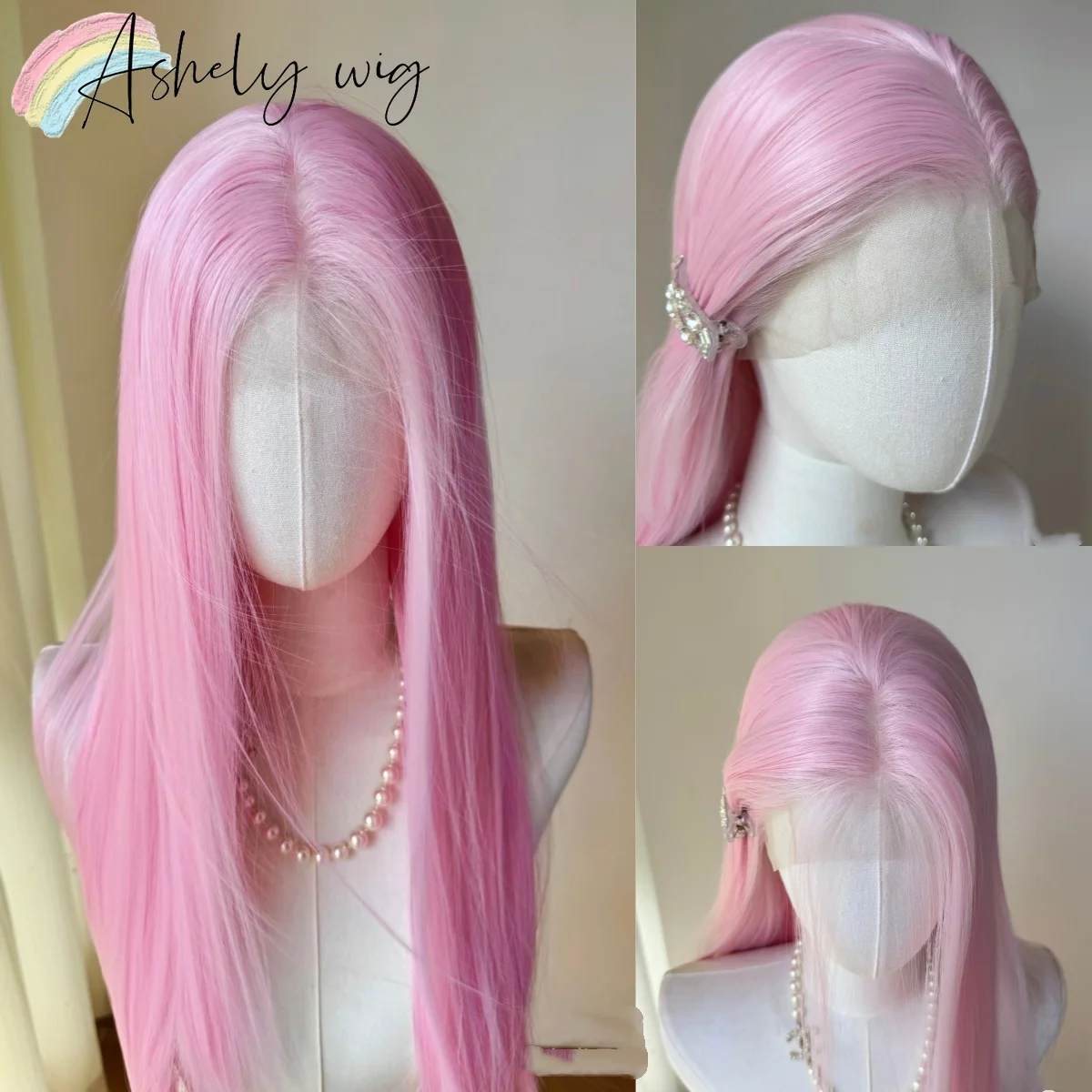 Lichtroze Pruik voor Vrouwen 13x4 Lace Front Pruik 26 inch Lange Rechte Synthetische Pruiken Zachte Natuurlijke hittebestendige Vezel Cosplay Pruik