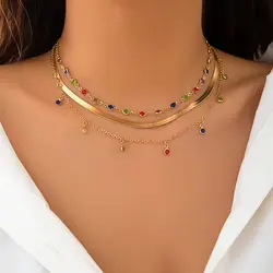 IngeSight.Z Boho Multi Layered Color Crystal Chains Choker Necklace for Women Vintage Flat Snake Chain Clavicle Short Necklace