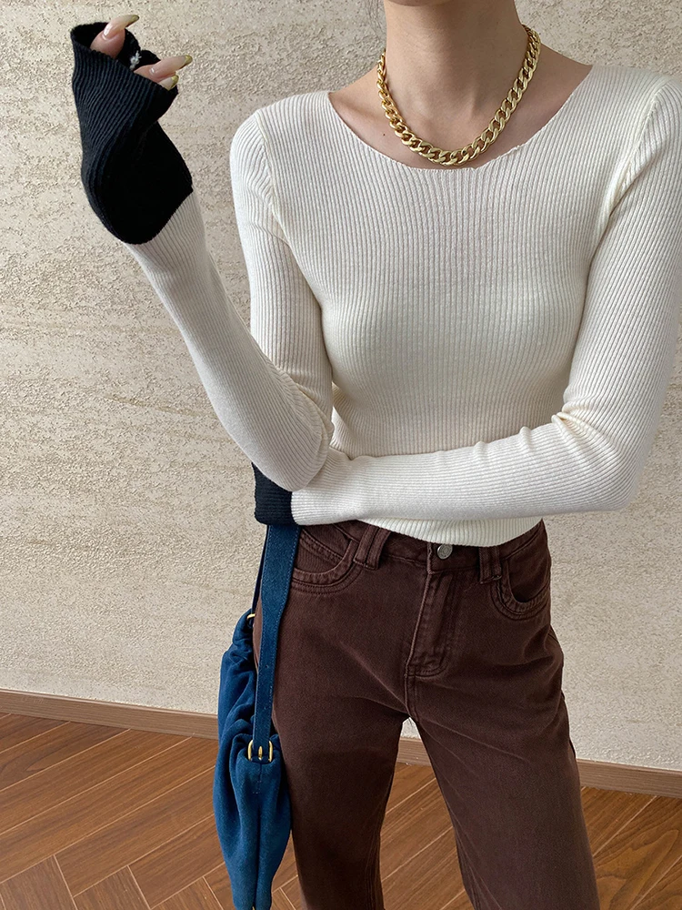 [EAM] Coffee Color-block Slim Knitting Sweater Round Neck Long Sleeve Women Pullovers New Fashion Spring Autumn 2024 1DH7372