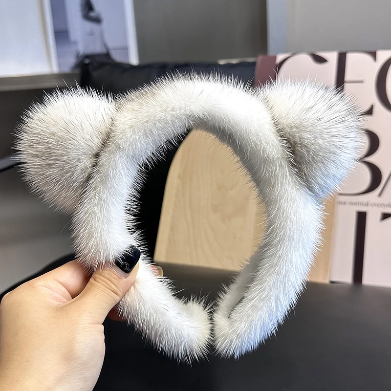 Cute Real Mink Fur Cat Ears Headband For Women 100%Fur Plush Hair Accessories Solid Head Wraps Luxury Girlfriend Gift Winter