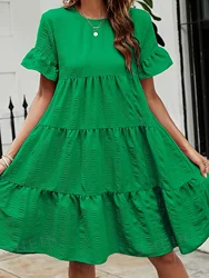 Plus Size Solid Ruched Tiered Dress, Elegant Ruffle Short Sleeve Crew Neck Swing Dress For Spring & Summer, Women's Plus Size Cl