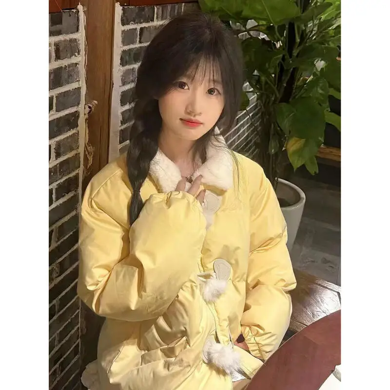 Preppy نمط المرأة الخبز القطن وسادة مبطنة رشاقته الحلو أفخم الأغنام القرن مشبك الشتاء الفتاة طالب القطن سترة منفوخة