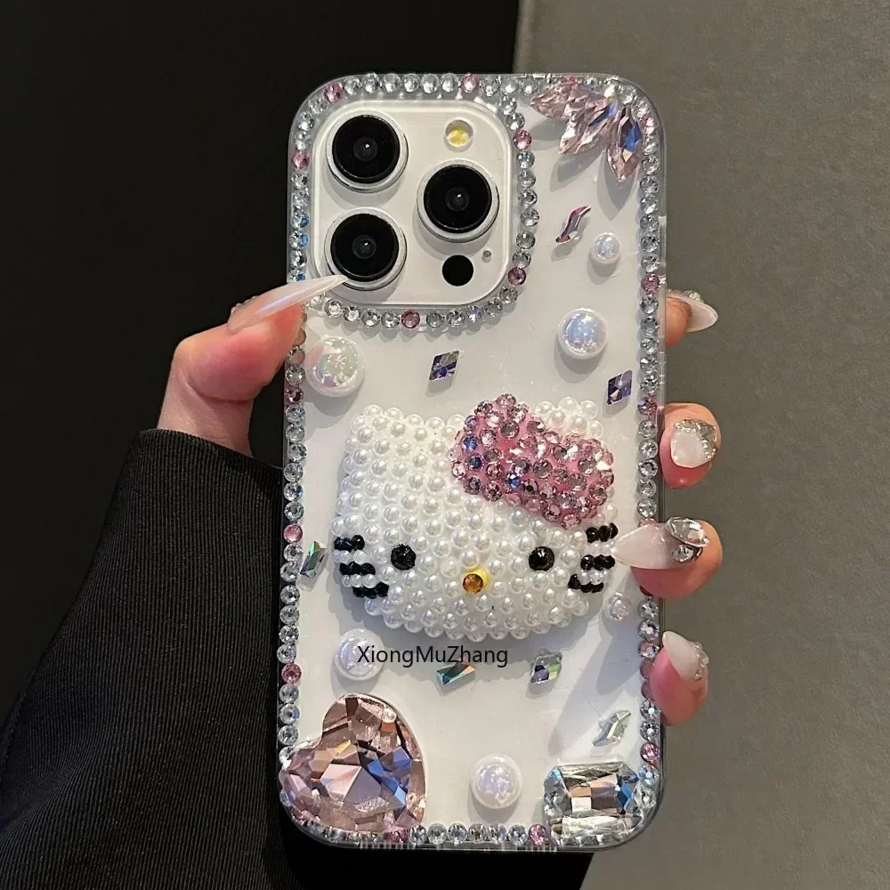 Sanrio Diamond Rhinestone Heart Case for iPhone 15 Pro Max 16 ProMax 14 Plus 13 Pro 12 Mini 11Pro Max Hello Kitty Cover Custom