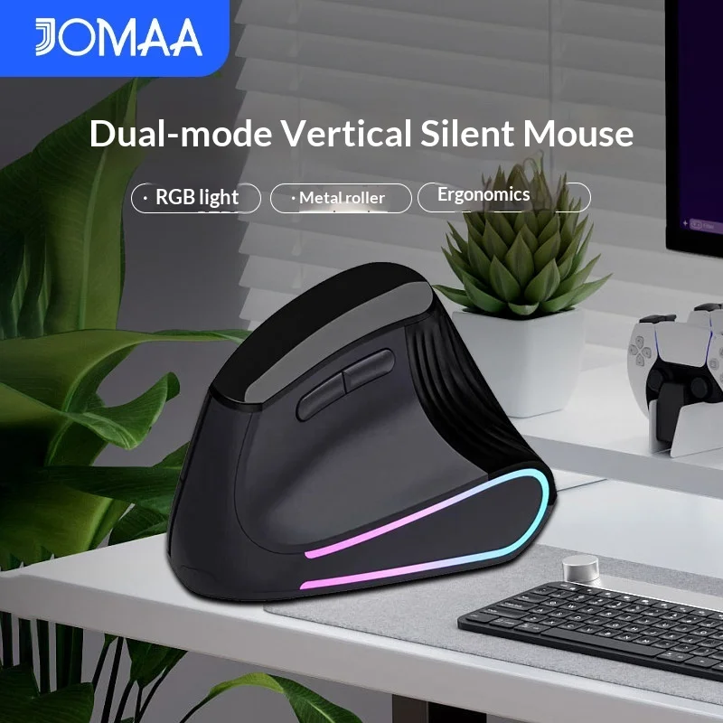 JOMAA Vertical Wireless Mouse Dual Bluetooth Rgb Backlit Silent Ergonomic Metal Scroll Wheel Battery Powered For Office Computer