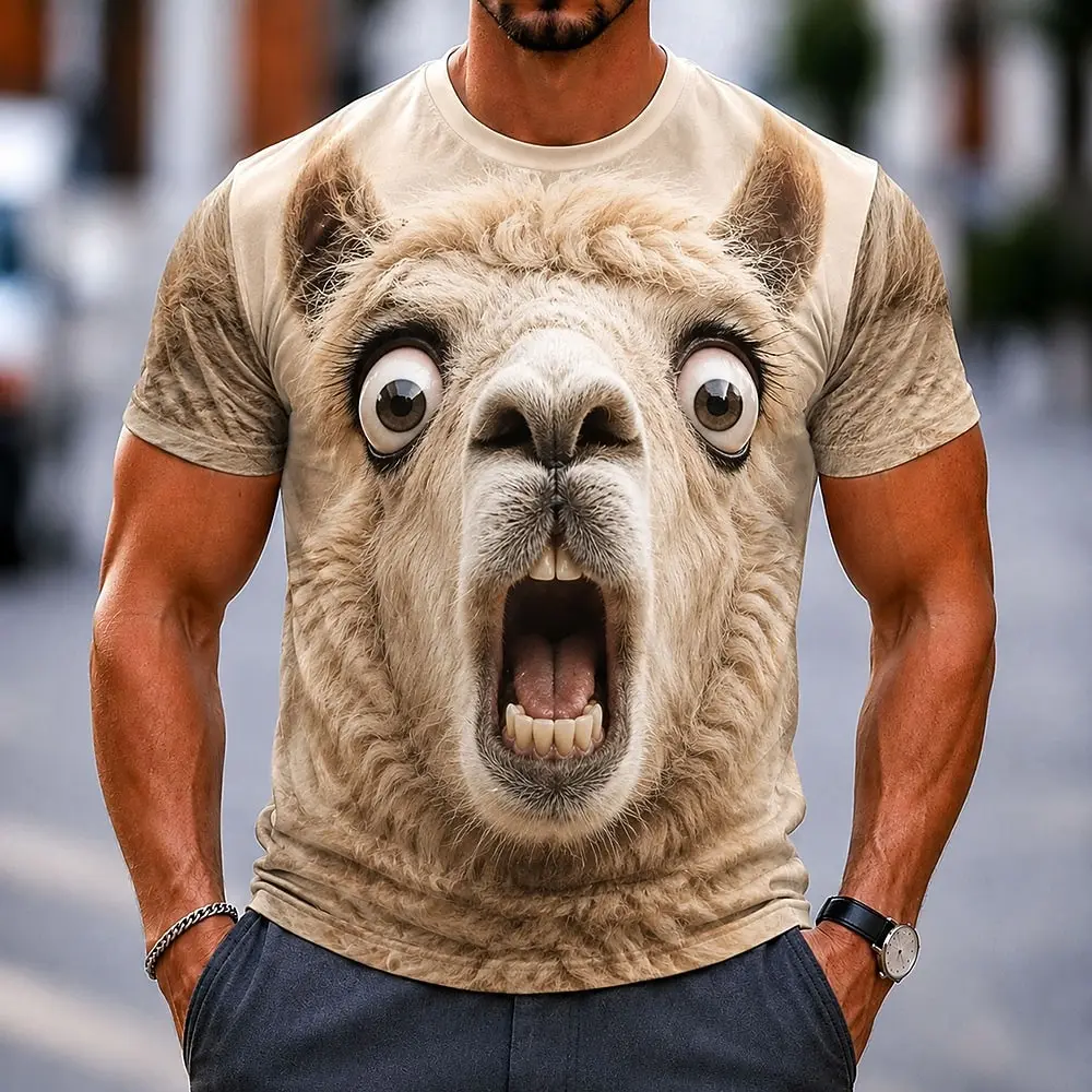 3D Animal Face Print Men T Shirt Funny Surprise Mouth Graphic Short Sleeve Casual Summer Crew Neck Tees Streetwear Top