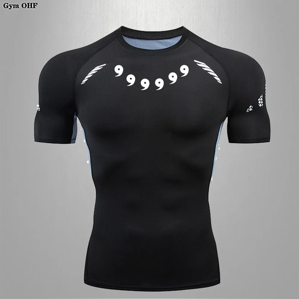 Summer Running T-Shirt Men Short Sleeve Compression Shirt Gym Sports Top White & Black Quick Dry Breathable MMA Fitness Clothing