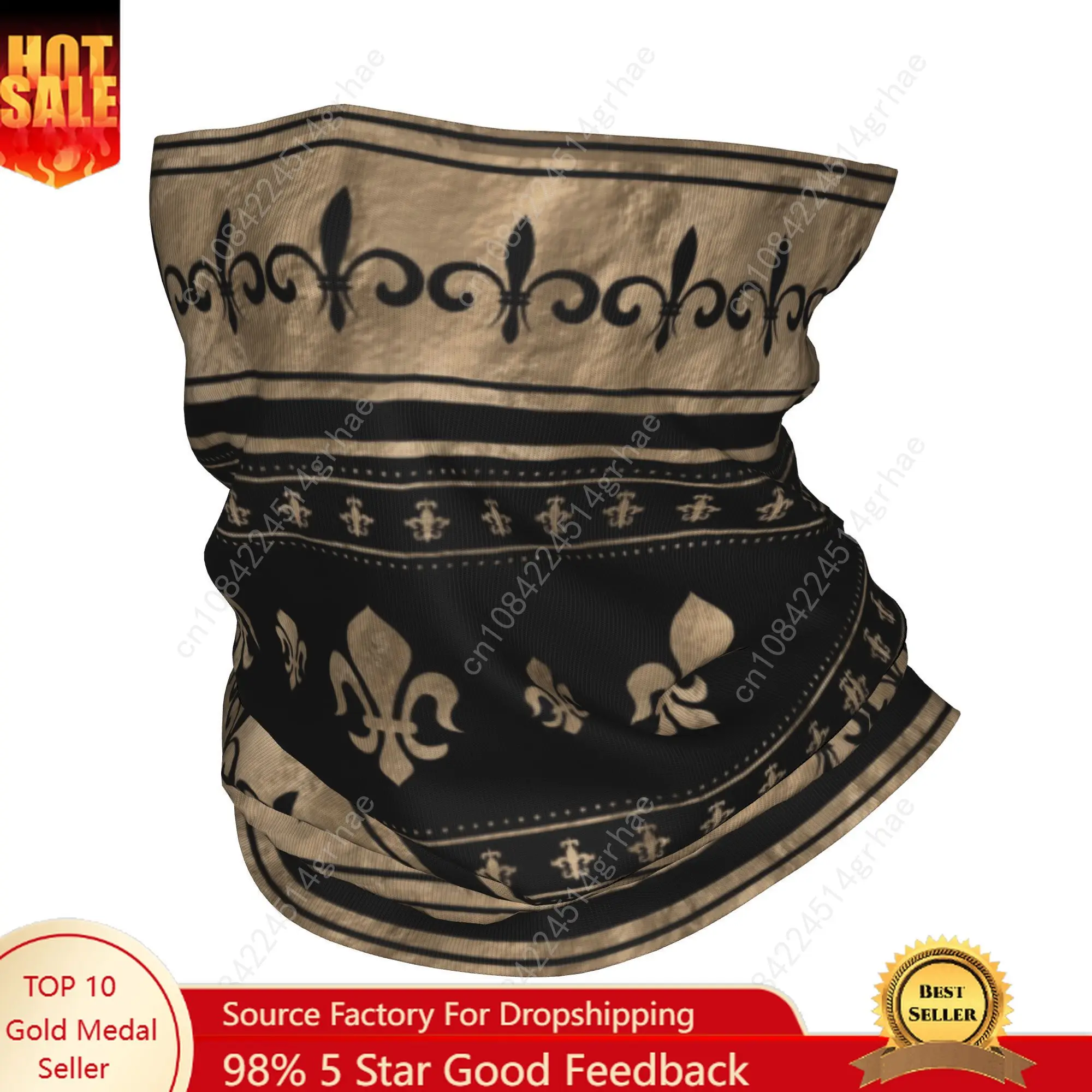 

Custom France Fleur De Lis Luxury Ornament Black And Gold Bandana Neck Gaiter Wrap Scarf Royalty Lily Petals Headband Warmer