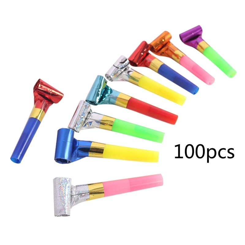 100PCS Fringed Colorful Party Horns Noisemakers Kids Party Whistle for Birthday Games Celebration Musical Party Favor