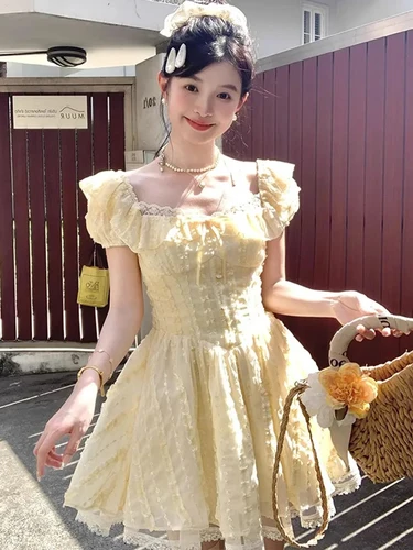 Imagen 1 del producto Zoki-vestido amarillo ajustado y dulce para mujer, minivestido bonito de retazos de encaje a la moda, elegante, con cuello cuadrado, manga acampanada, Vestidos elegantes