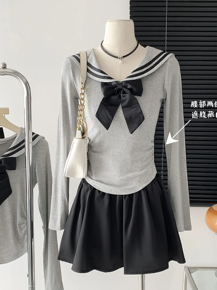 Autumn Winter Japanese Gyaru Cute Core JK Preppy Korean Women Outfits 2 Piece Set Long Sleeve Sailor Collar Bow Top + Mini Skirt