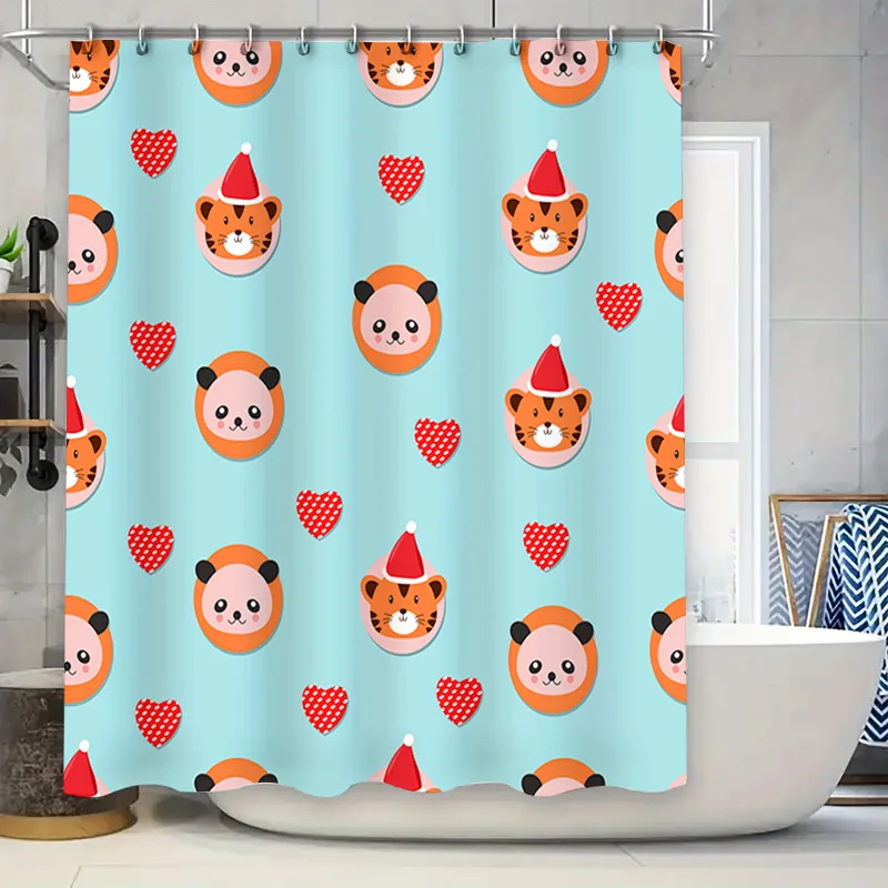 

Adorable Animal Pattern Bath Shower Curtain for Bathroom Decoration Christmas Red Hat Printed Fabric Waterproof Home Decor in Sh