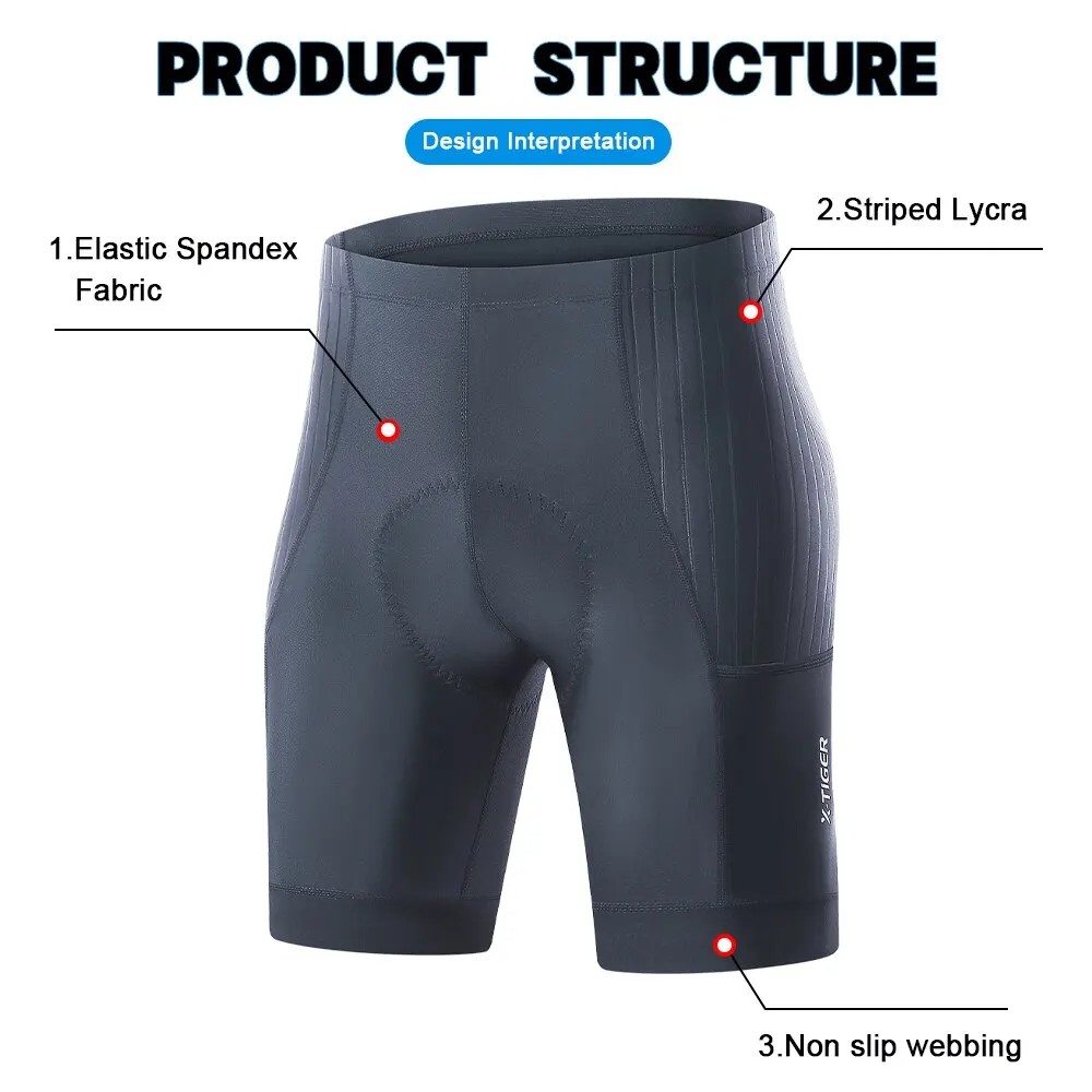 X-TIGER Men\'s Cycling Shorts with 2 Pockets Blasting Cotton Pad Bike Shorts Reflective Anti Slip Leg Grips Bicycle Shorts