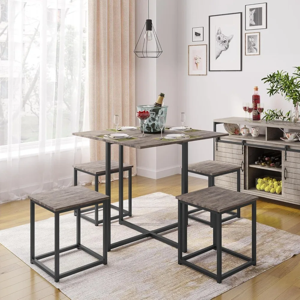 5-Piece Dining Table Set with 4 Stools - Industrial Compact Kitchen Table & Chairs Sets, Space-Saving Design for Apart