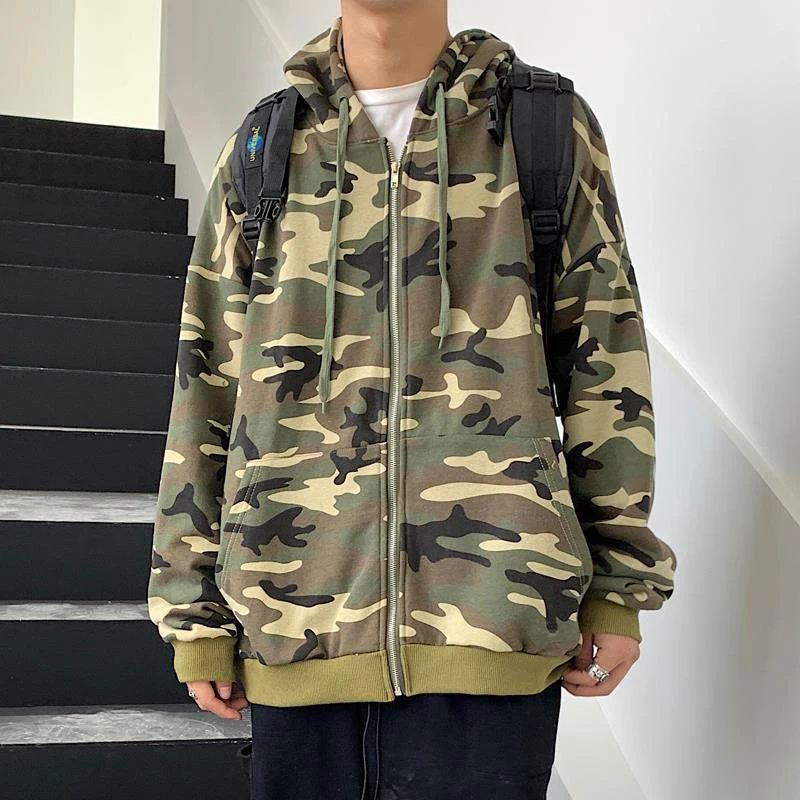 Japan Style Vintage Camouflage Print Long Sleeve Men Hooded Sweatshirts Harajuku Loose Zipper Cardigans Coats Punk Clothing Tops