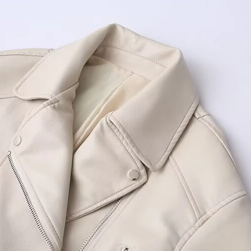 2025 feminino bege zíper frontal jaqueta de couro do plutônio americano retro fivela cinto bainha manga cheia casaco cintura alta curto outwear prata