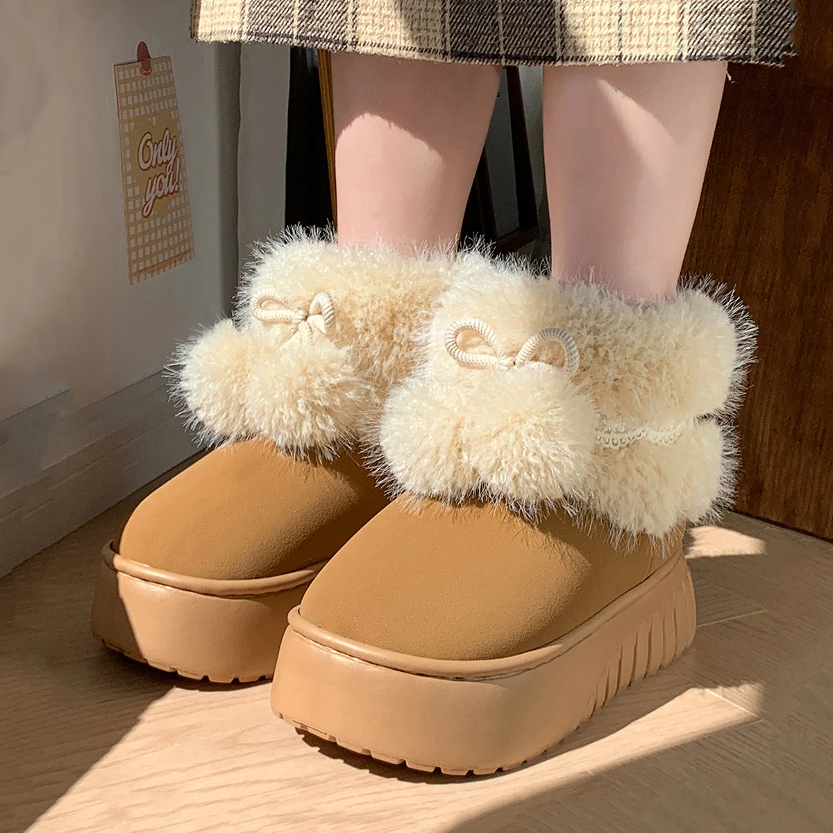 Zapatillas De Algodón Cálidas Para El Hogar De Invierno Para Mujer Con Tacón, Botas De Nieve Altas De Felpa Para Exteriores_voghion.com